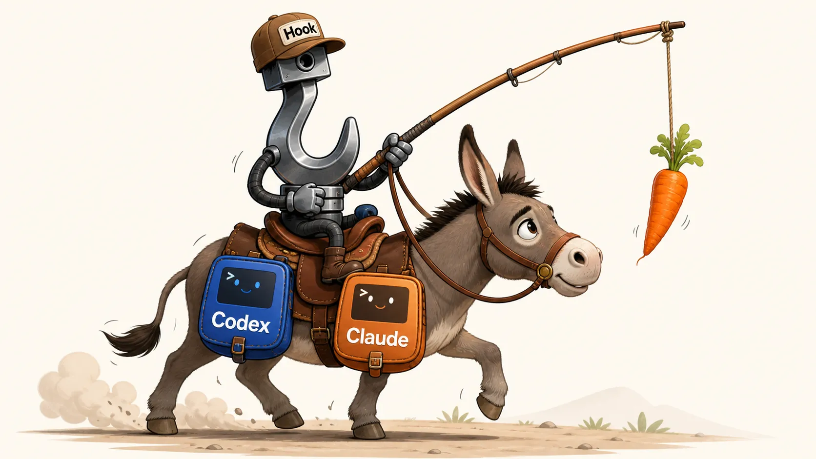 Hook the robot rides Claude and Codex toward the carrot